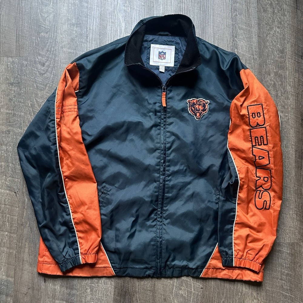 Chicago Bears NFL Windbreaker Jacket Mens L Large Navy Orange Embroidered Logo
